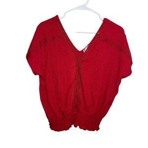 Modern Attraction Blouse Women's Large Red Cropped V-Neck Lace Top Shirt